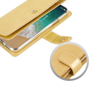 iPhone 14 Flip Wallet Case Cover with Metal Snap-On Fastener - PU Leather & TPU Featuring Front Cover, Multiple Card Holder Slots & Shock Resistance - Brown